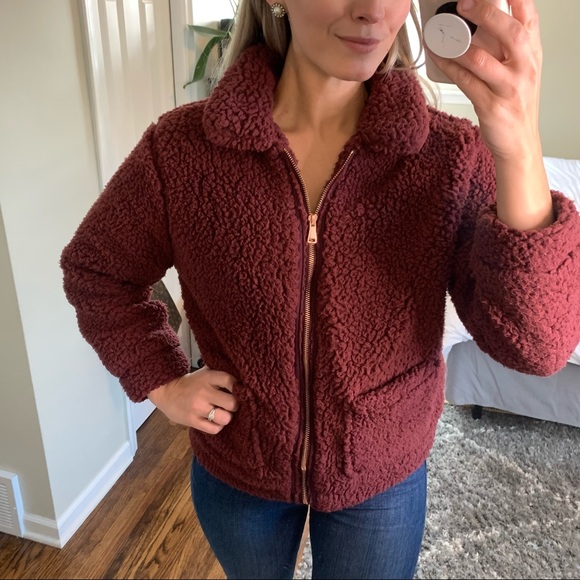 Ashley Teddy Bear Fur Bomber Jacket in Burgundy - Picture 4 of 12